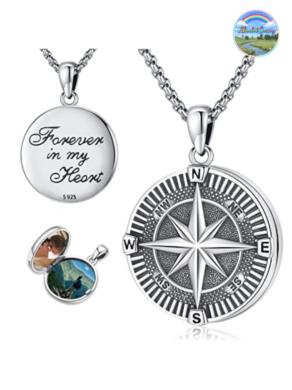 925 Sterling Silver Compass Locket Necklace for Ashes Picture Photo Pendant